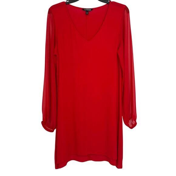Express V Neck Chiffon Red Sheer Sleeve Mini Dress Size Size Medium - Picture 2 of 5